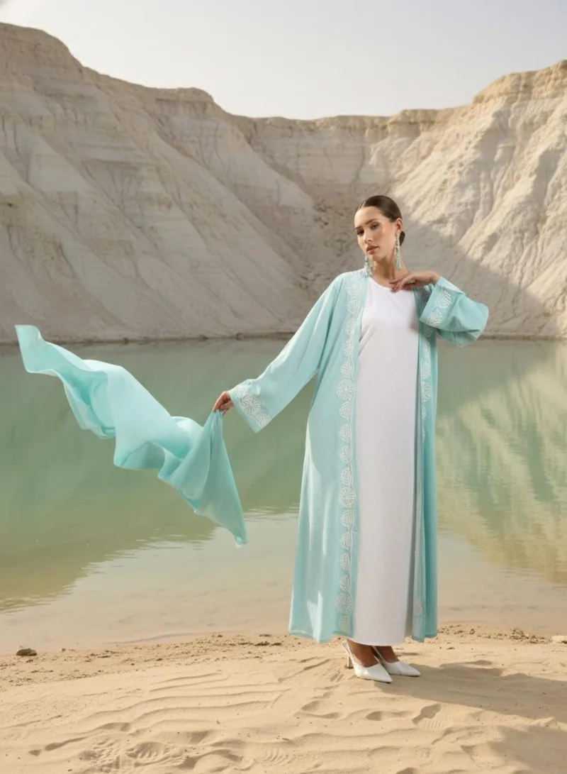 Ishin Aqua Blue Aqua Blue Thread Embroidered Layered Abaya with Hijab for Women | Best Price UAE